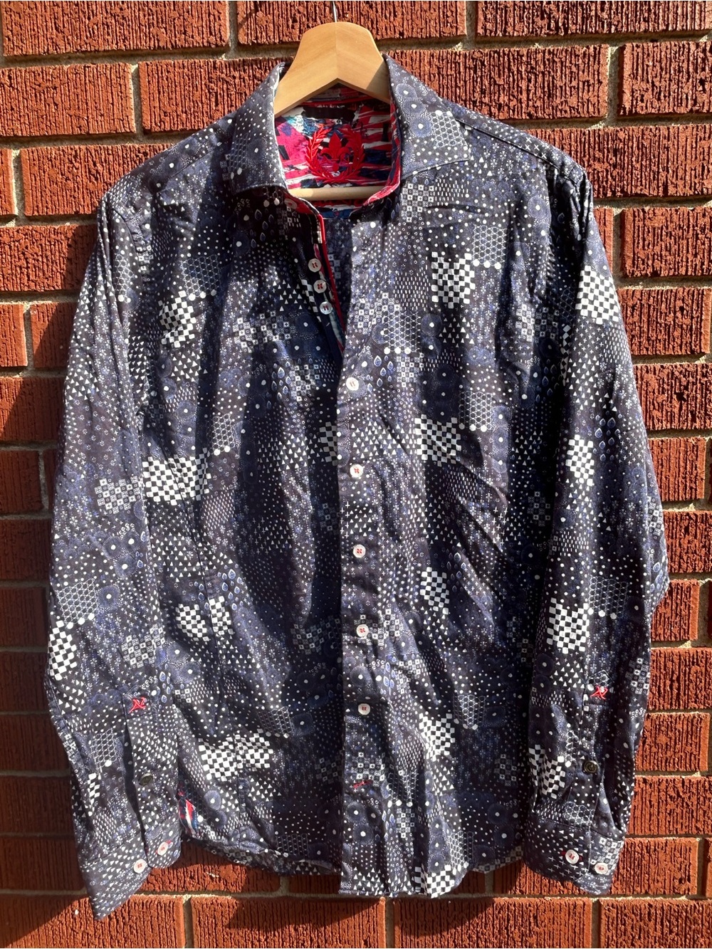 Au Noir Men’s Geometric Print Dress Shirt Navy White Size M / 2